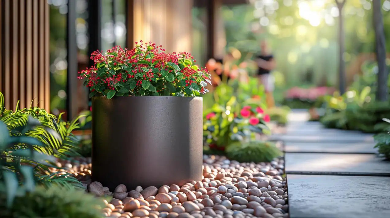 Aluminium Pflanzkübel in einem Garten neben einem Weg