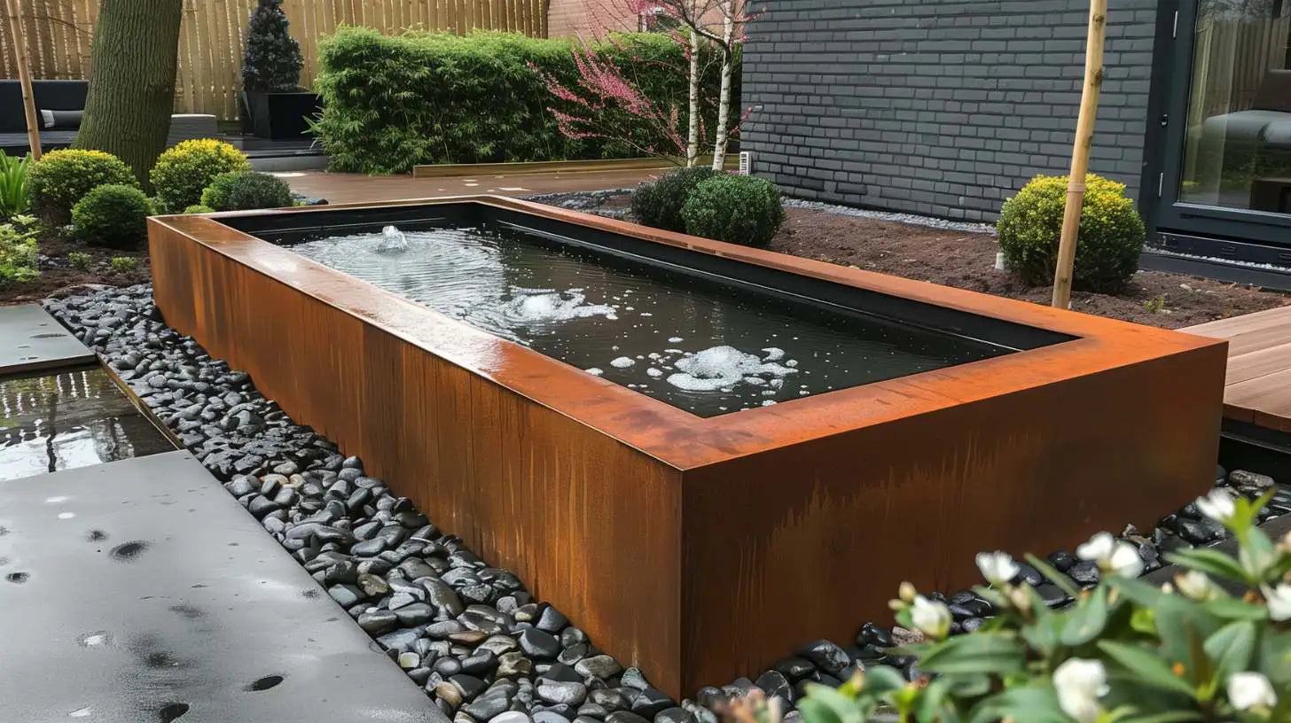 Cortenstahl Wasserbecken in einem modernen Garten