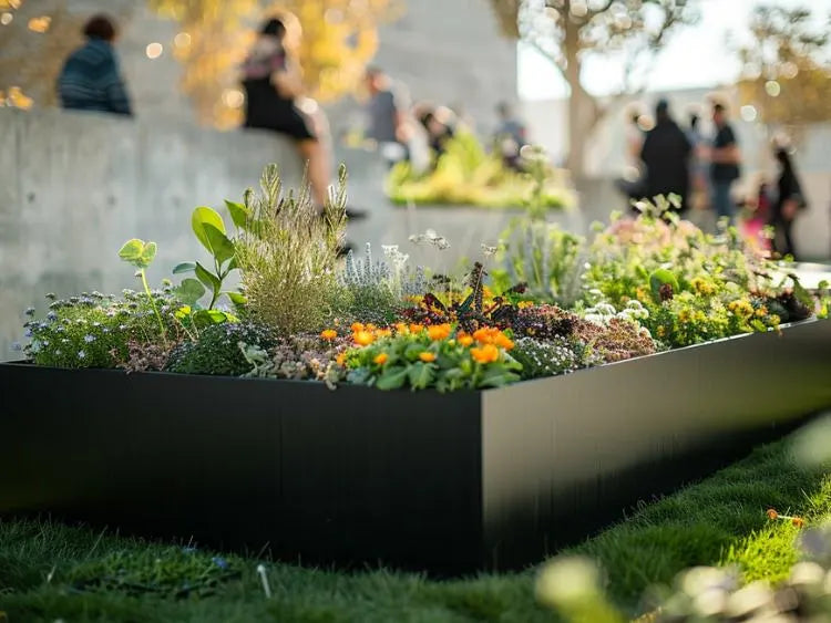 Hochbeet aus Aluminium Anthrazit in einem Garten mit Menschen im Hintergrund