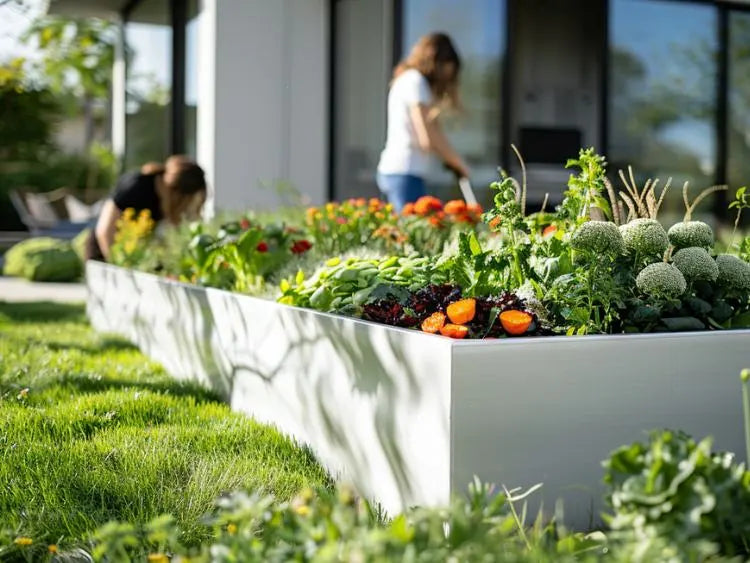 Hochbeet aus Aluminium in Weiß in einem Garten 