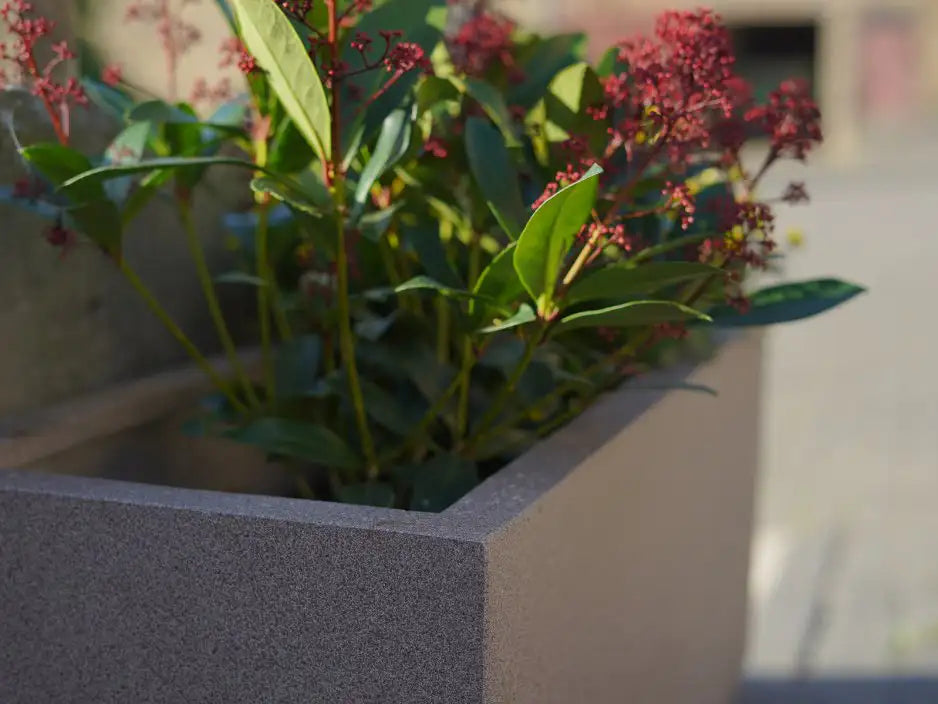 Nahaufnahme eckiger Pflanzkübel aus Fiberglas