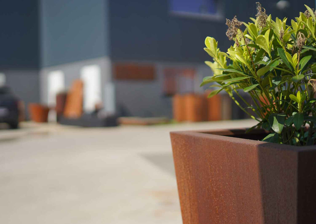 drei große, quadratische Pflanzbehälter aus Cortenstahl