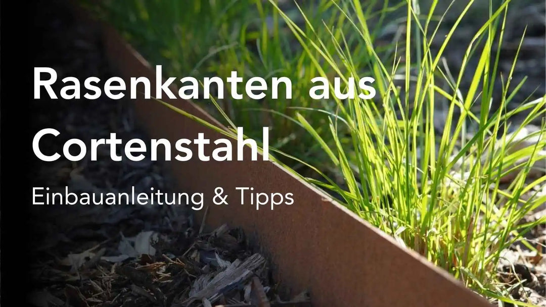 Titelbild - Rasenkante aus Cortenstahl Nahaufnahme mit Rindenmulch und Gras im Vordergrund