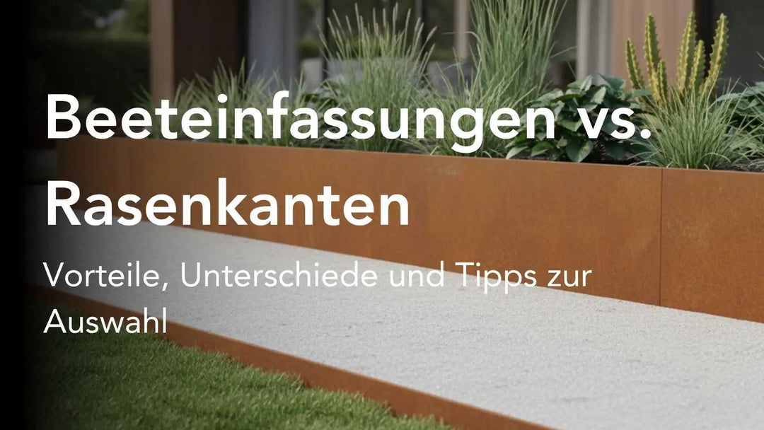 Titelbild mit einer Cortenstahl Rasenkante im Vordergrund und einer Cortenstahl Beeteinfassung im Hintergrund