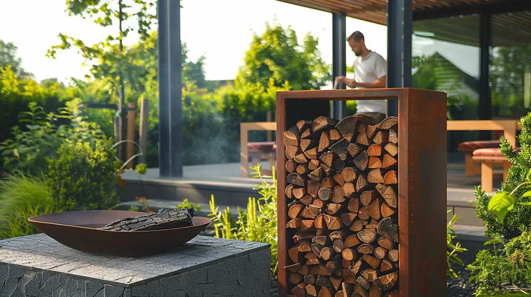 Cortenstahl Holzlager mit einem Mann im Hintergrund