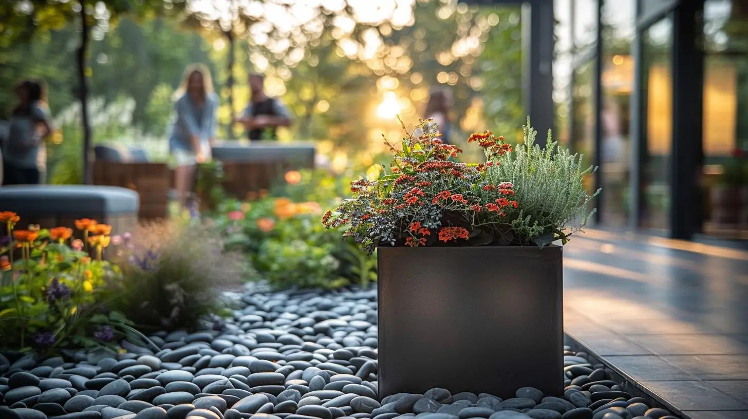 Quadratischer Pflanzkübel aus Aluminium in einem modernen Garten mit Menschen im Hintergrund