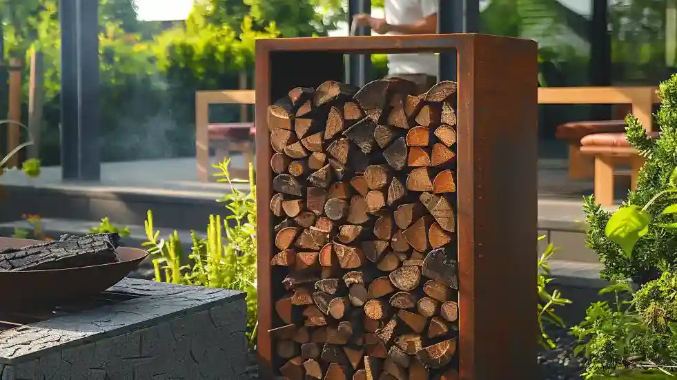 Holzlager aus Aluminium mit etwas Kaminholz darin und einer Pflanze davor