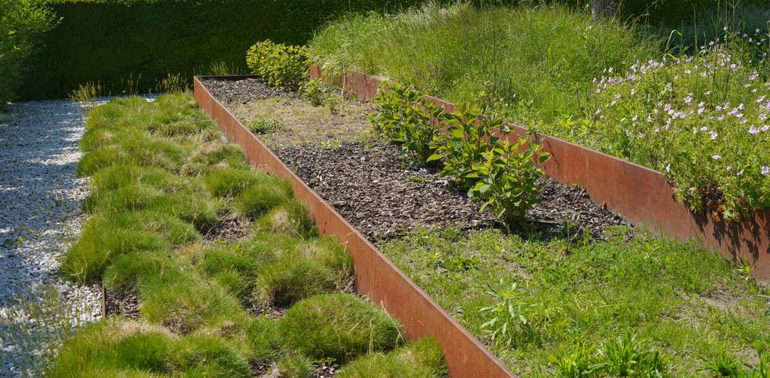 Beeteinfassung aus Cortenstahlin zwei Ebenen mit grünen Pflanzen darauf