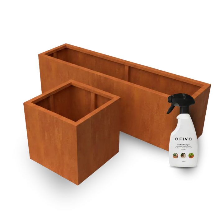 Bundle: Cortenstahl Pflanzkübel "ARCATA" & "COVELO" + Rostbeschleuniger