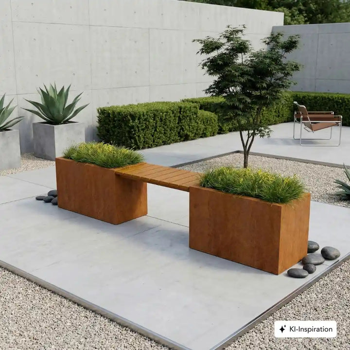 Zwei rechteckige Pflanzkuebel die durch eine Sitzbankauflage aus Holz miteinander verbunden sind