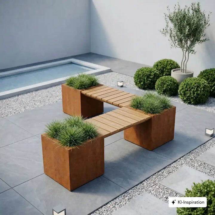 3 quadratische Pflanzkuebel die mit Sitzbankauflagen miteinander verbunden sind