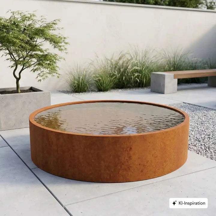 Cortenstahl Wasserbecken mit Innenbeschichtung in einem minimalistischem Garten