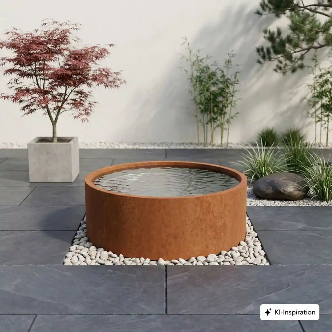 Cortenstahl Wasserbecken mit Innenbeschichtung in einem minimalistischem Garten
