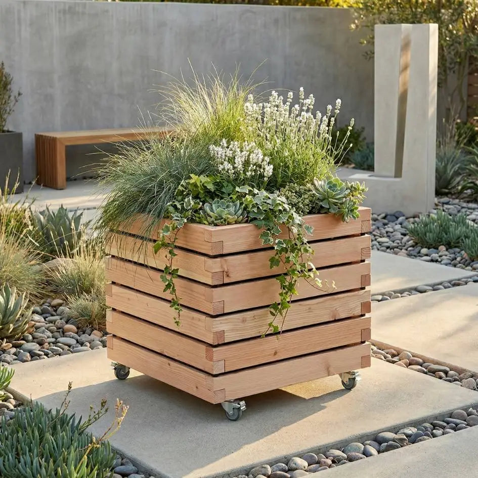 Pflanzkübel quadratisch "ALTA" aus unbehandeltem Lärchenholz mit Rollen