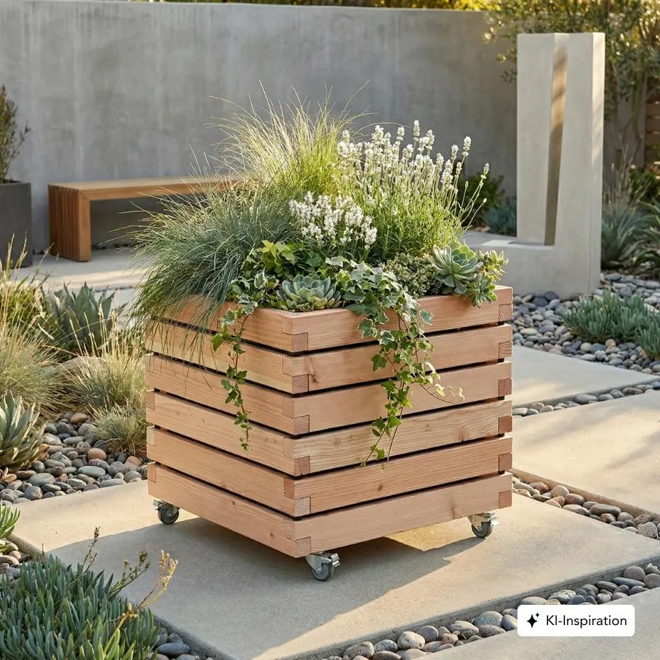 Pflanzkübel quadratisch "ALTA" aus unbehandeltem Lärchenholz mit Rollen