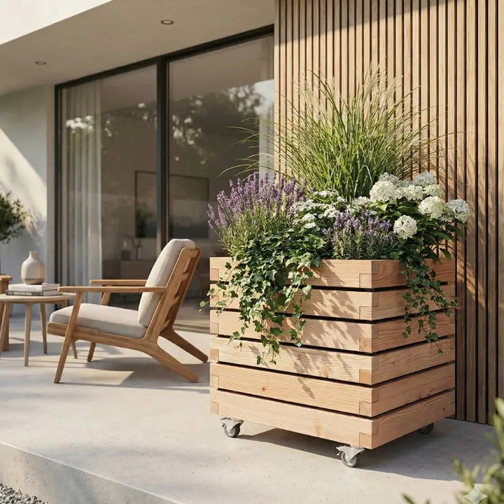 Pflanzkübel quadratisch "ALTA" aus unbehandeltem Lärchenholz mit Rollen