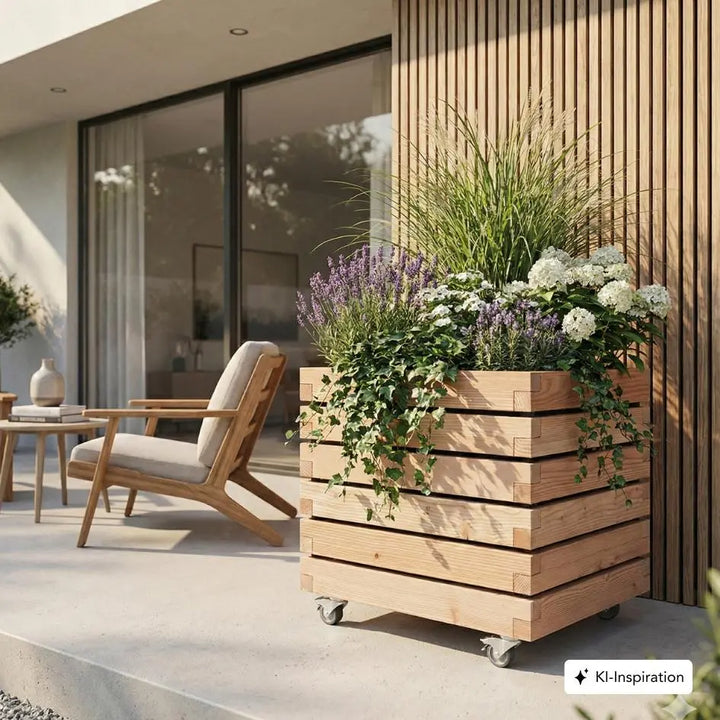Pflanzkübel quadratisch "ALTA" aus unbehandeltem Lärchenholz mit Rollen