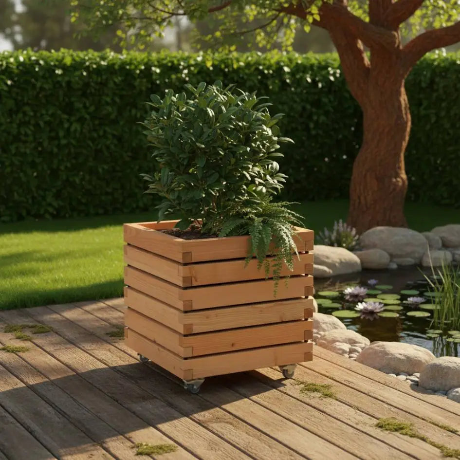 Pflanzkübel quadratisch "ALTA" aus geöltem Lärchenholz mit Rollen