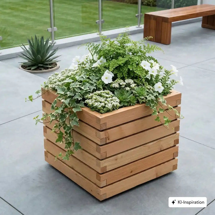 Quadratischer Pflanzkuebel aus geoeltem Laerchenholz mit gruener und weißer Bepflanzung