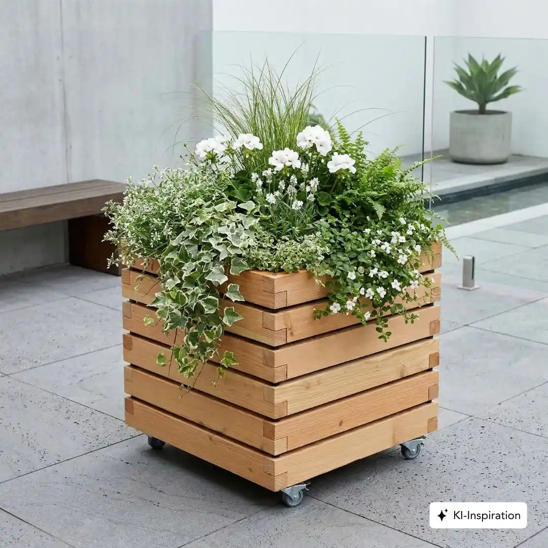 Quadratischer Pflanzkuebel aus geoeltem Laerchenholz auf Rollen auf Betonboden