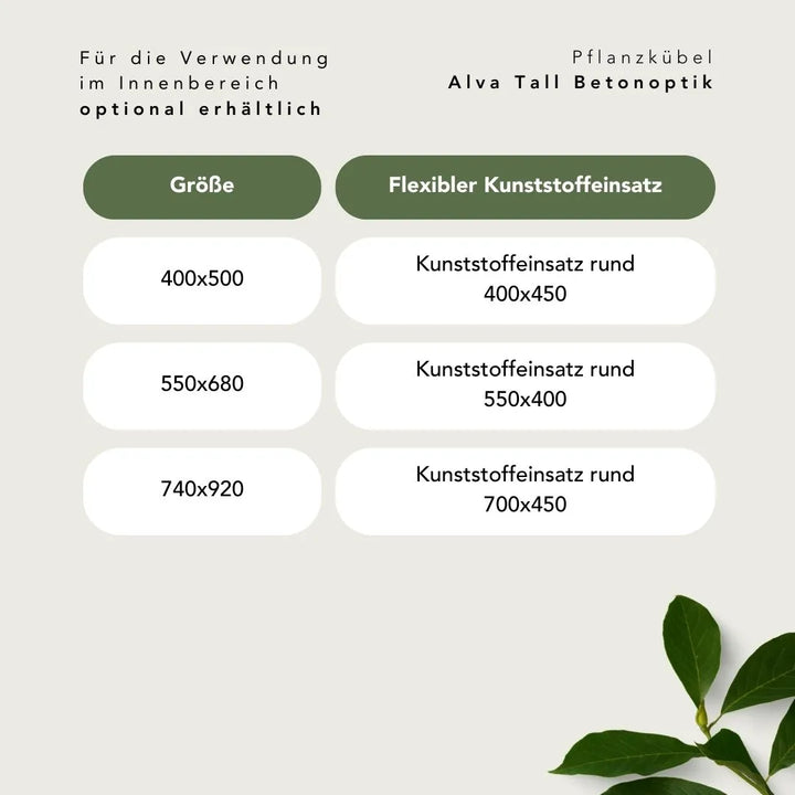 Größentabelle für Kunststoffeinsätze Pflanzkübel Alva Tall