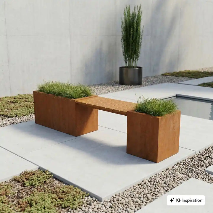 Rechteckiger und quadratischer Cortenstahl Pflanzkuebel mit einer Sitzbankauflage aus Holz