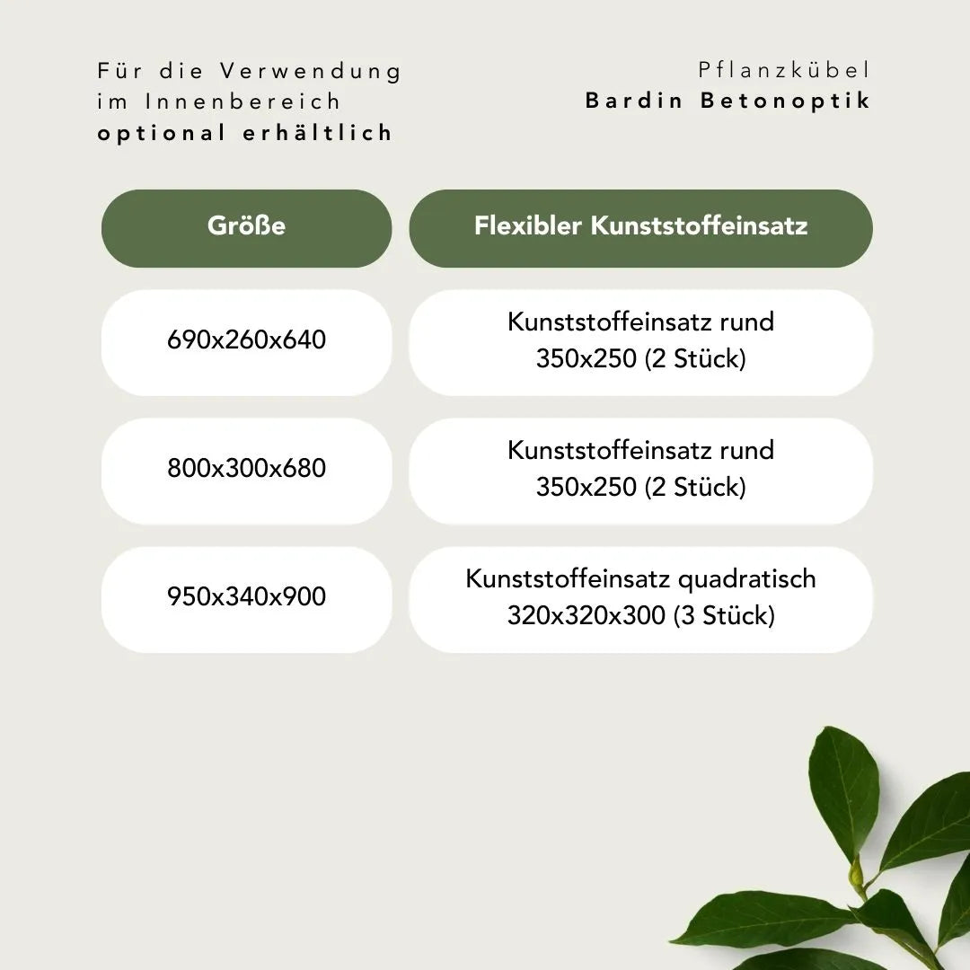 Größentabelle für Kunststoffeinsätze Pflanzkübel Bardin