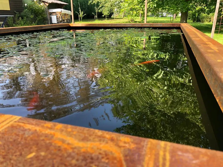 Cortenstahl Wasserbecken mit Fischen darin