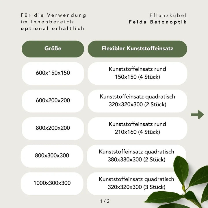 Größentabelle für Kunststoffeinsätze Pflanzkübel Felda