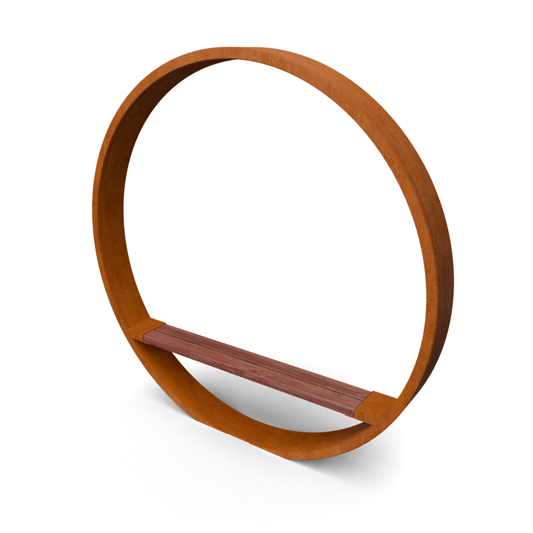 Gartenkreis Moongate aus Cortenstahl mit Holzbank, Rendering