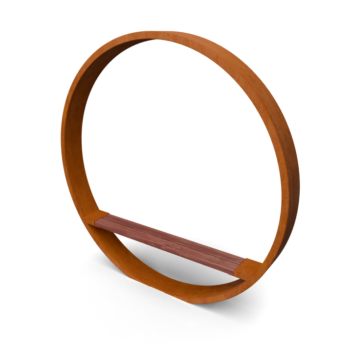 Gartenkreis Moongate aus Cortenstahl mit Holzbank, Rendering