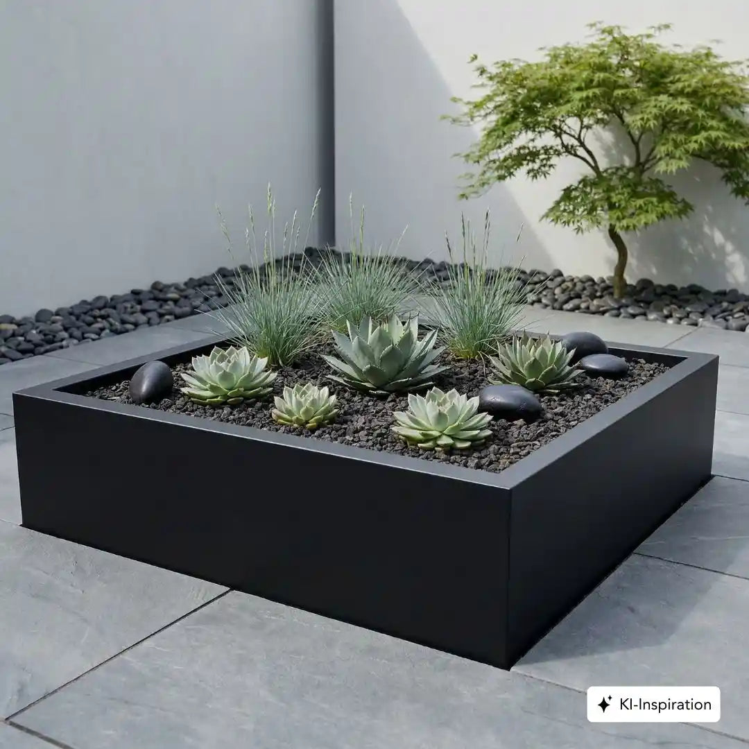 Quadratisches Hochbeet aus Aluminium in einem minimalistischen Garten