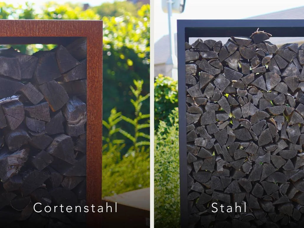 Vergleich Holzlager aus Cortenstahl und einem Holzlager aus farbigem Stahl