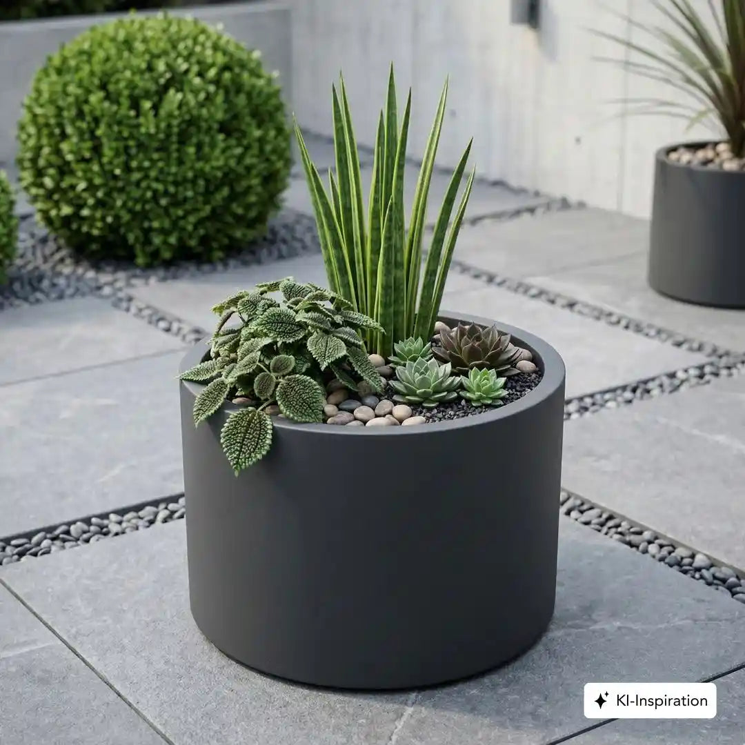 Runder Aluminium Pflanzkuebel in minimalistischem Garten