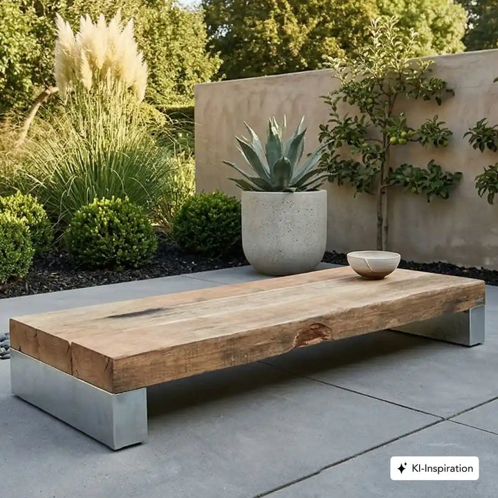 Holzsitzbank ohne Lehne in einem minimalistischem Garten