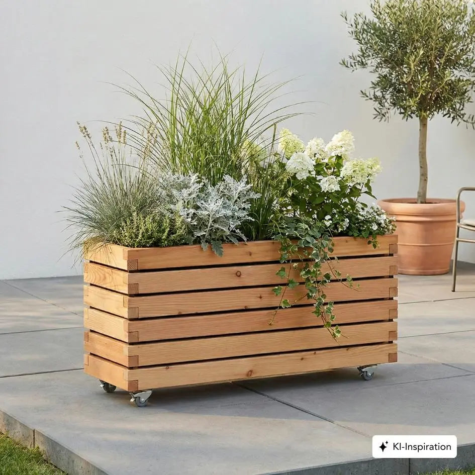 Pflanzkübel rechteckig "MORA" aus geöltem Lärchenholz mit Rollen
