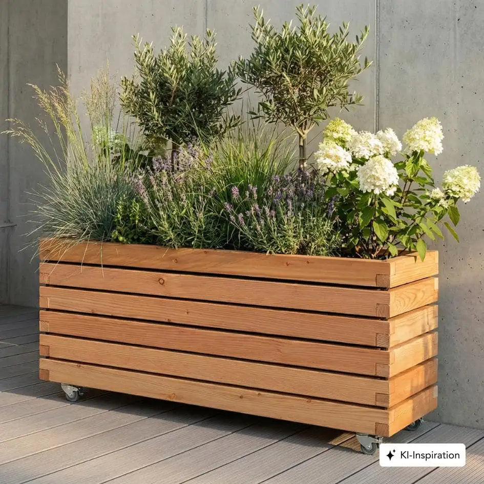 Pflanzkübel rechteckig "MORA" aus geöltem Lärchenholz mit Rollen