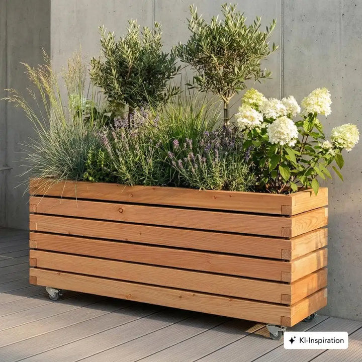 Pflanzkübel rechteckig "MORA" aus geöltem Lärchenholz mit Rollen
