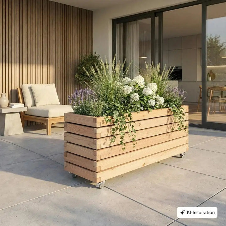 Pflanzkübel rechteckig "MORA" aus unbehandeltem Lärchenholz mit Rollen