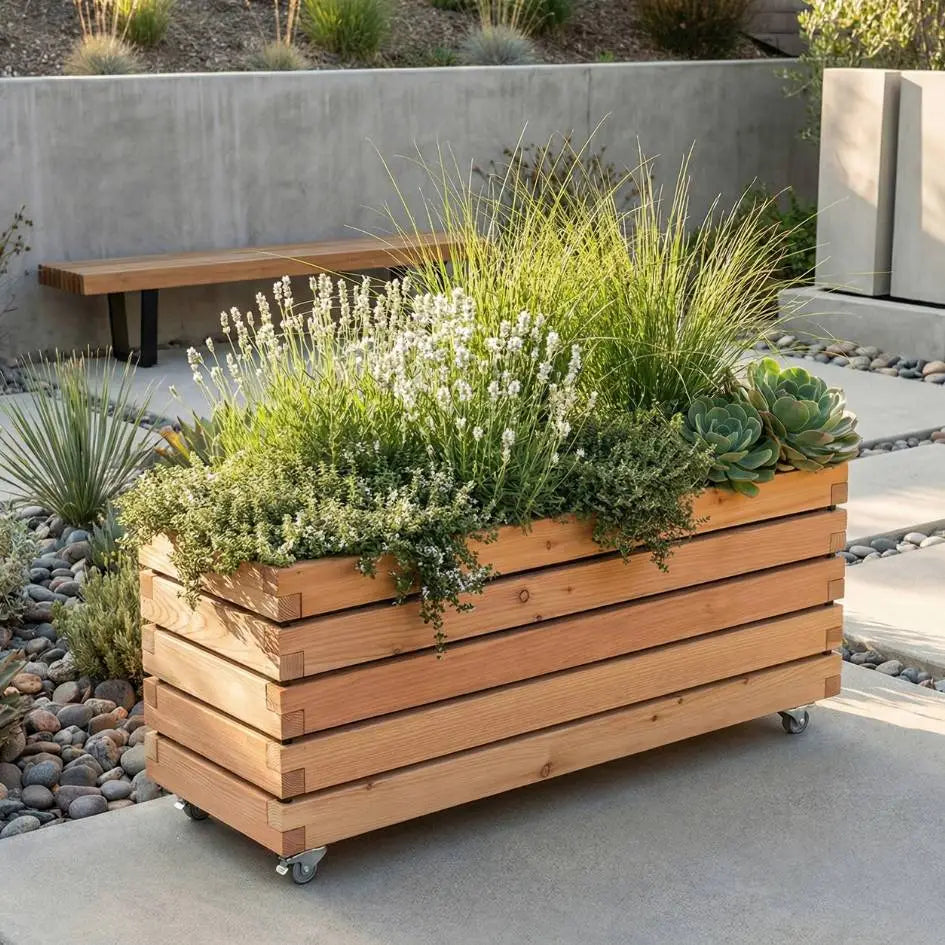 Pflanzkübel rechteckig "MORA" aus unbehandeltem Lärchenholz mit Rollen