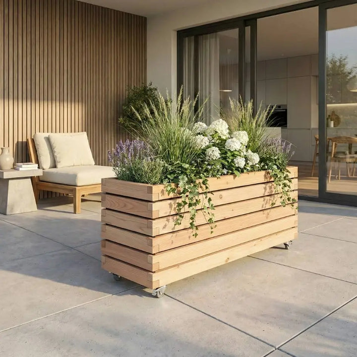 Pflanzkübel rechteckig "MORA" aus unbehandeltem Lärchenholz mit Rollen