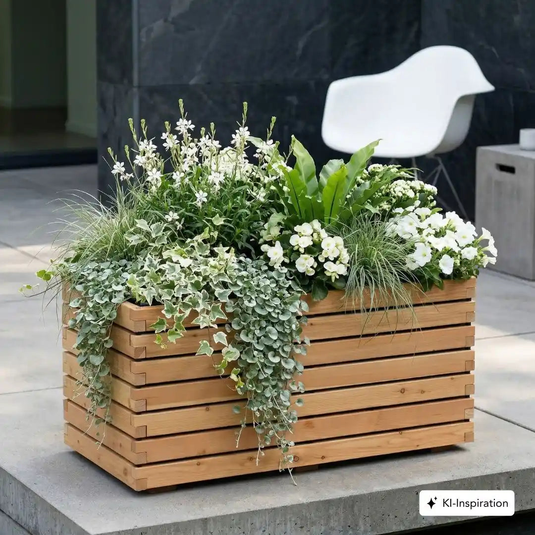 Rechteckiger Pflanzkübel aus Lärchenholz mit behandelter Oberfläche