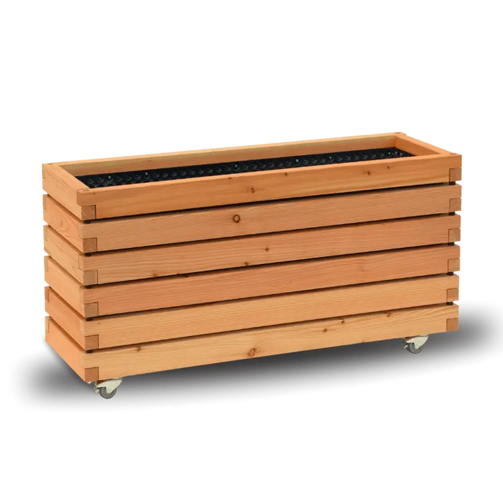 Pflanzkübel rechteckig "MORA" aus geöltem Lärchenholz mit Rollen