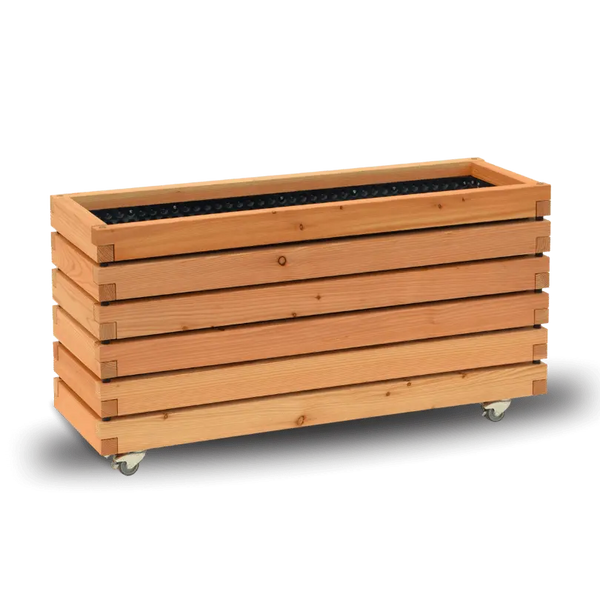 Rechteckiger Pflanzkübel aus Holz mit Rollen