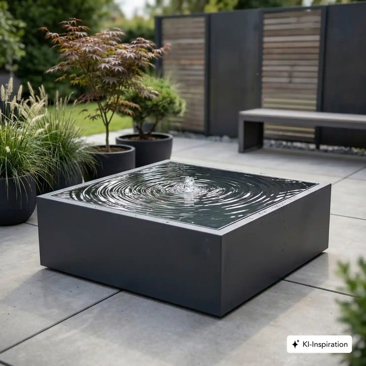Wassertisch aus Aluminium in einem minimalistischen Garten