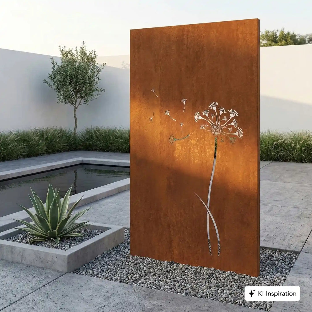 Cortenstahl Sichtschutz / Motivwand mit Pusteblume
