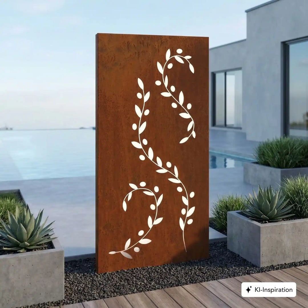 Cortenstahl Sichtschutz mit Ranken Muster