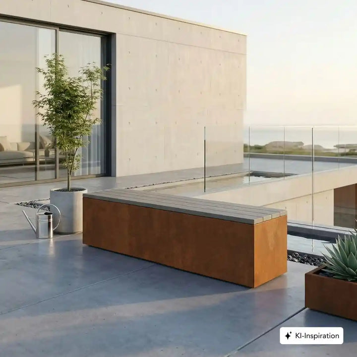 Sitzbank aus Cortenstahl mit Sitzfläche aus Holz