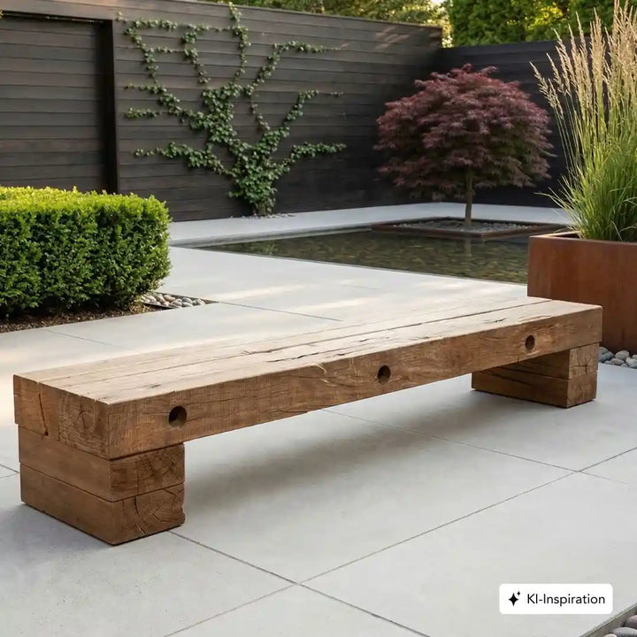 Sitzbank aus Holz in einem modernen Garten