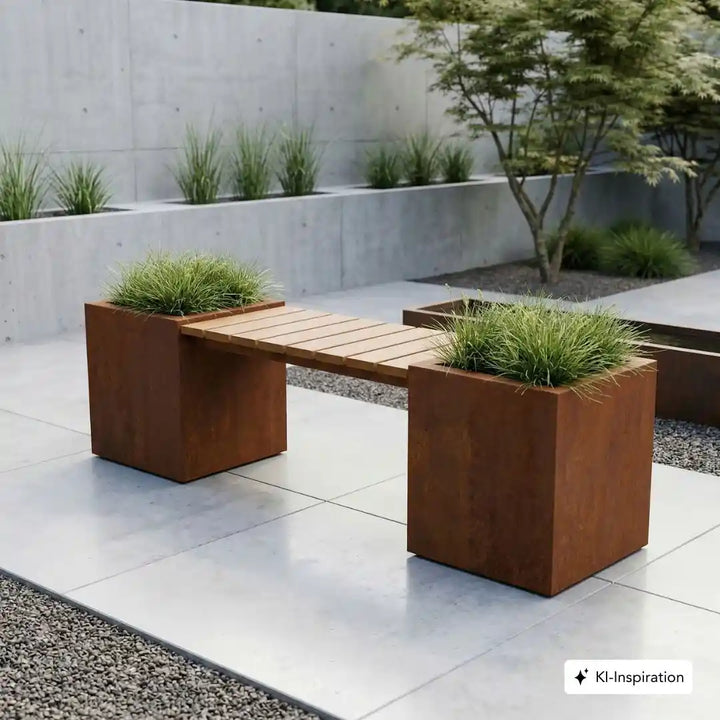 Zwei quadratische Pflanzkübel aus Cortenstahl mit Sitzbankauflage aus Holz